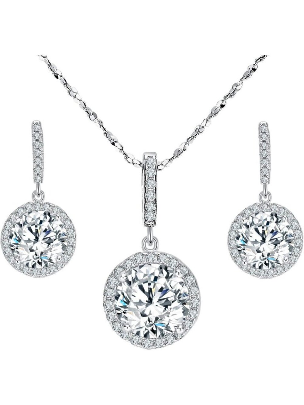 Gorgeous 925 Sterling Silver CZ Round Cut Wedding Pendant Necklace & Earrings